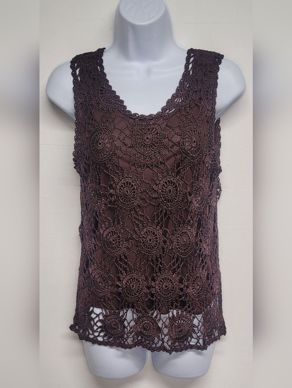 Unbranded S Brown Crochet Lace Top Lined Excellent Condition